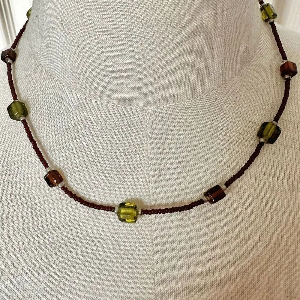 Square green and brown  glass beaded necklace